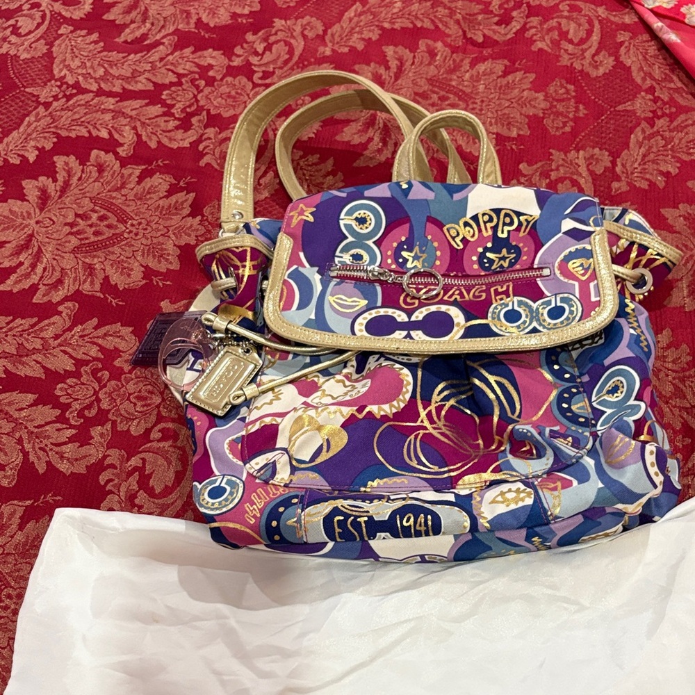 Authentic Coach Poppy Multicolor Gold Accents Medium Backpack - Picture 4 of 16